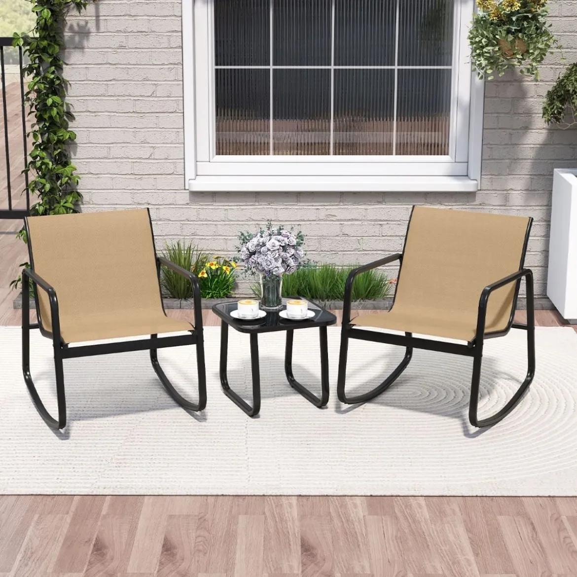 3-tlg. Gartenmöbel Set mit 2 Stühle & Tisch Balkonset mit Sanfter Schaukelbewegung Braun