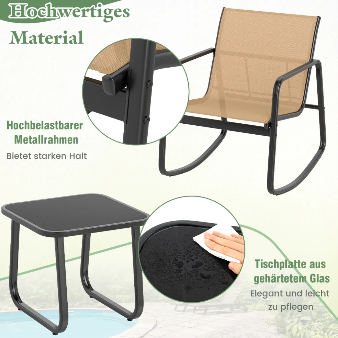 3-tlg. Gartenmöbel Set mit 2 Stühle & Tisch Balkonset mit Sanfter Schaukelbewegung Braun