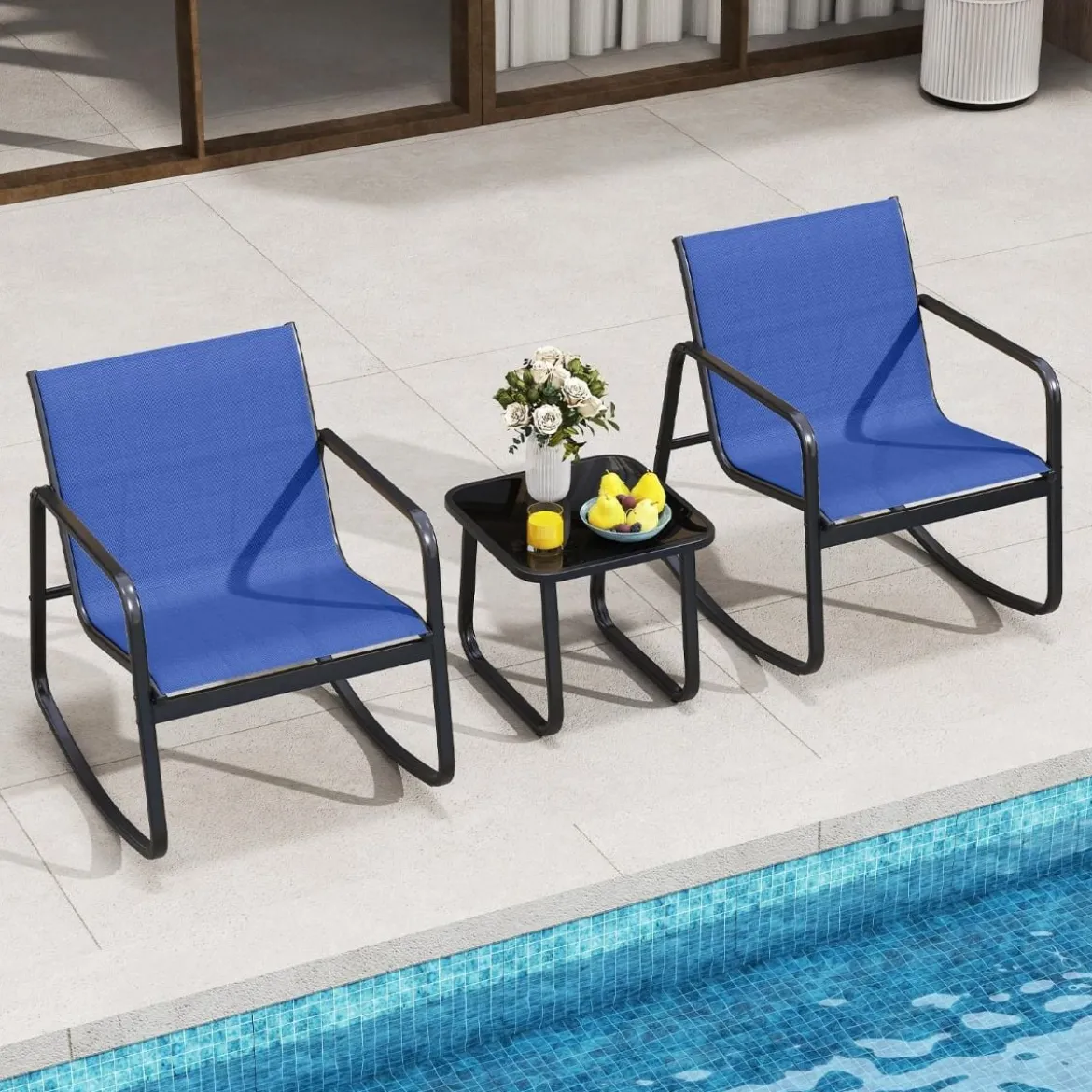 3-tlg. Gartenmöbel Set mit 2 Stühle & Tisch Balkonset mit Sanfter Schaukelbewegung Blau