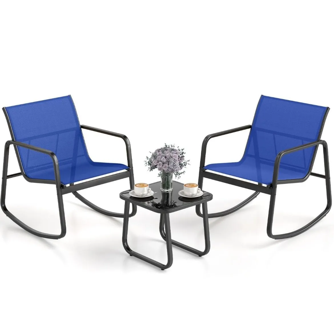 3-tlg. Gartenmöbel Set mit 2 Stühle & Tisch Balkonset mit Sanfter Schaukelbewegung Blau