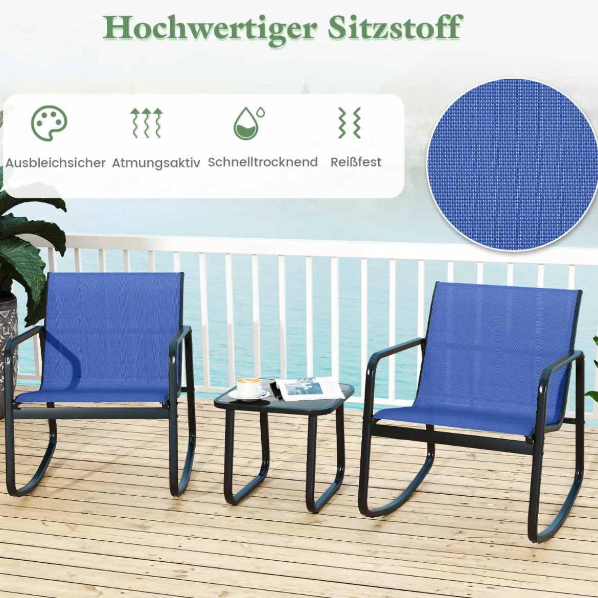 3-tlg. Gartenmöbel Set mit 2 Stühle & Tisch Balkonset mit Sanfter Schaukelbewegung Blau