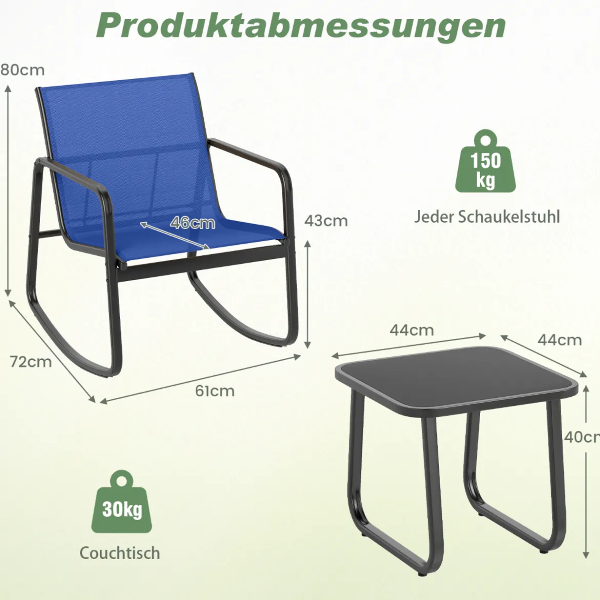 3-tlg. Gartenmöbel Set mit 2 Stühle & Tisch Balkonset mit Sanfter Schaukelbewegung Blau