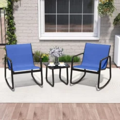 3-tlg. Gartenmöbel Set mit 2 Stühle & Tisch Balkonset mit Sanfter Schaukelbewegung Blau