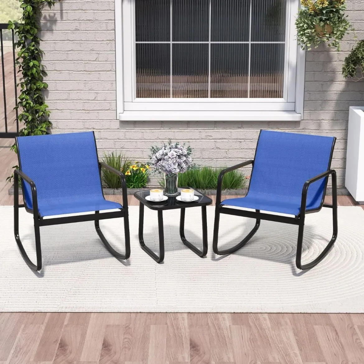 3-tlg. Gartenmöbel Set mit 2 Stühle & Tisch Balkonset mit Sanfter Schaukelbewegung Blau