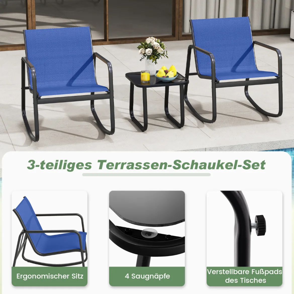 3-tlg. Gartenmöbel Set mit 2 Stühle & Tisch Balkonset mit Sanfter Schaukelbewegung Blau