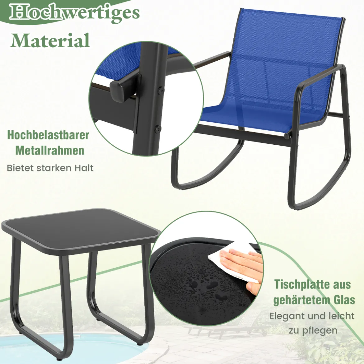 3-tlg. Gartenmöbel Set mit 2 Stühle & Tisch Balkonset mit Sanfter Schaukelbewegung Blau