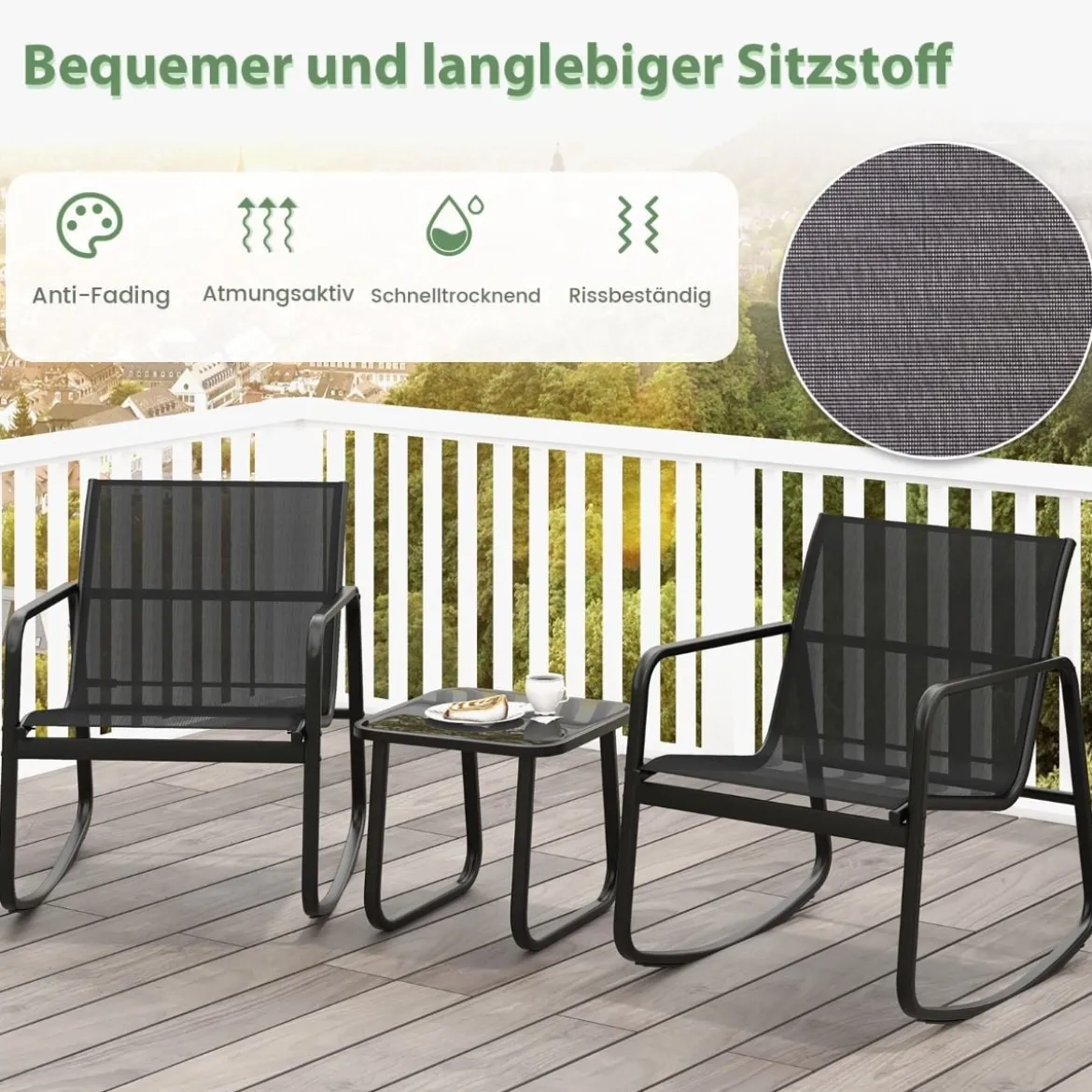 3-TLG. Gartenmöbel Set mit 2 Stühle & Tisch & Sanfter Schaukelbewegung Gartengarnitur