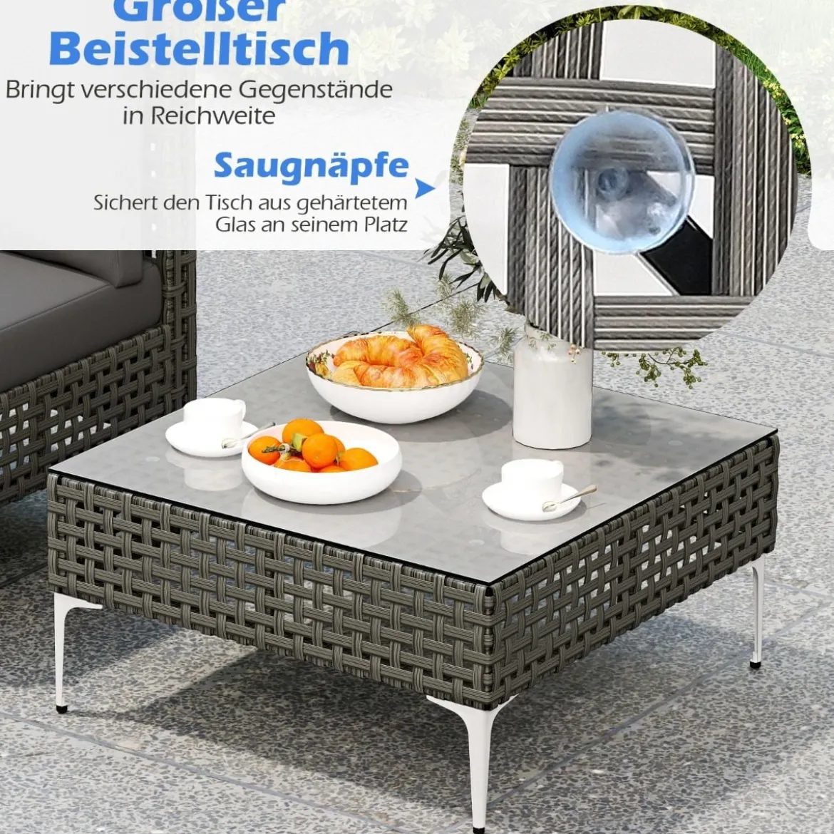 3-TLG Gartenmöbel Set Rattan Balkonmöbel-Set mit 2 Stühle inkl. Sitzkissen & Tisch Sitzgruppe Grau