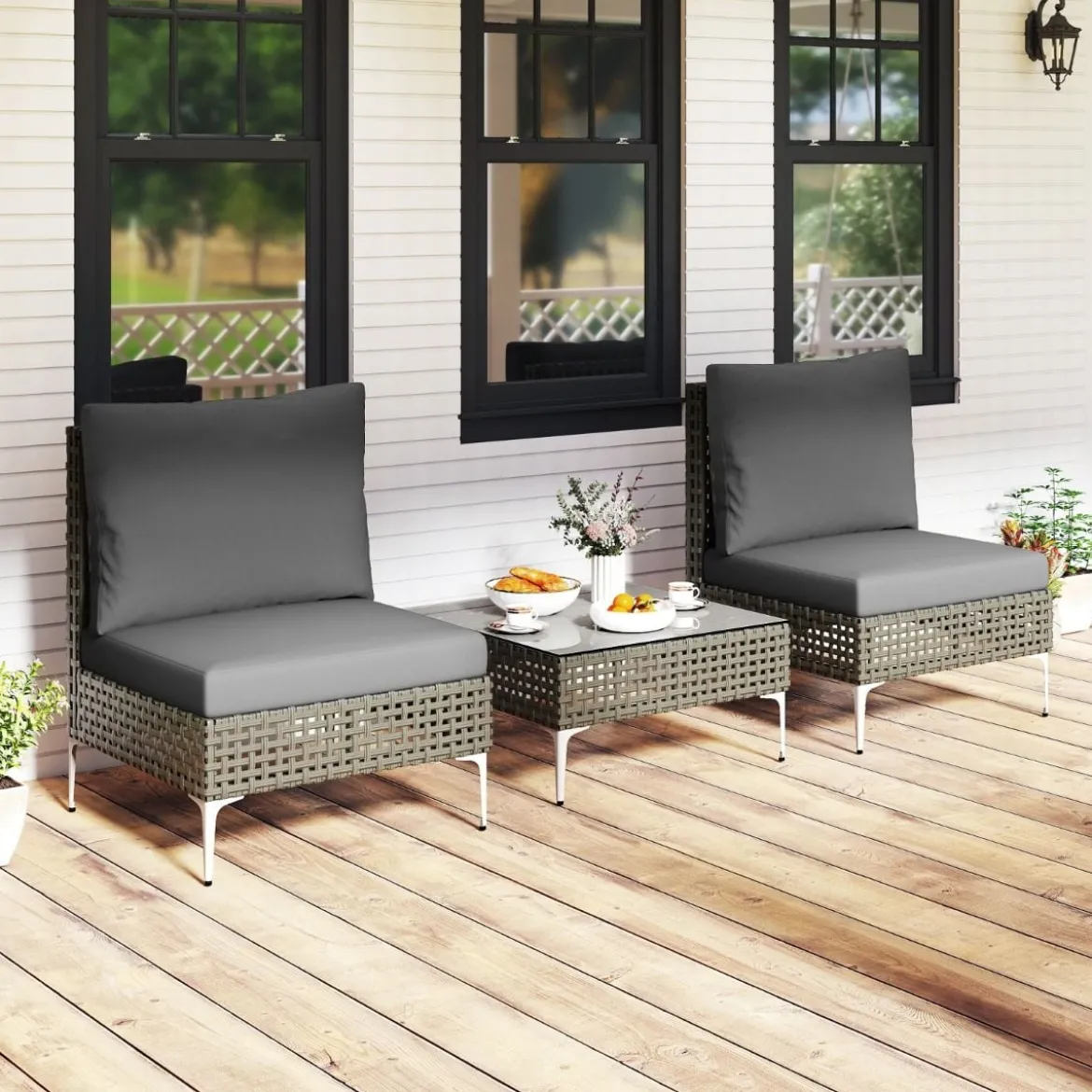 3-TLG Gartenmöbel Set Rattan Balkonmöbel-Set mit 2 Stühle inkl. Sitzkissen & Tisch Sitzgruppe Grau