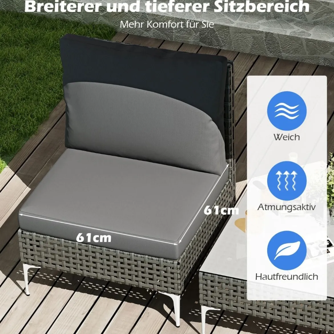 3-TLG Gartenmöbel Set Rattan Balkonmöbel-Set mit 2 Stühle inkl. Sitzkissen & Tisch Sitzgruppe Grau
