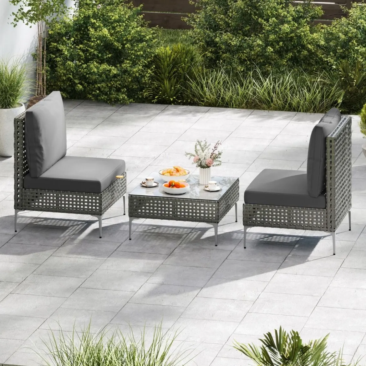 3-TLG Gartenmöbel Set Rattan Balkonmöbel-Set mit 2 Stühle inkl. Sitzkissen & Tisch Sitzgruppe Grau
