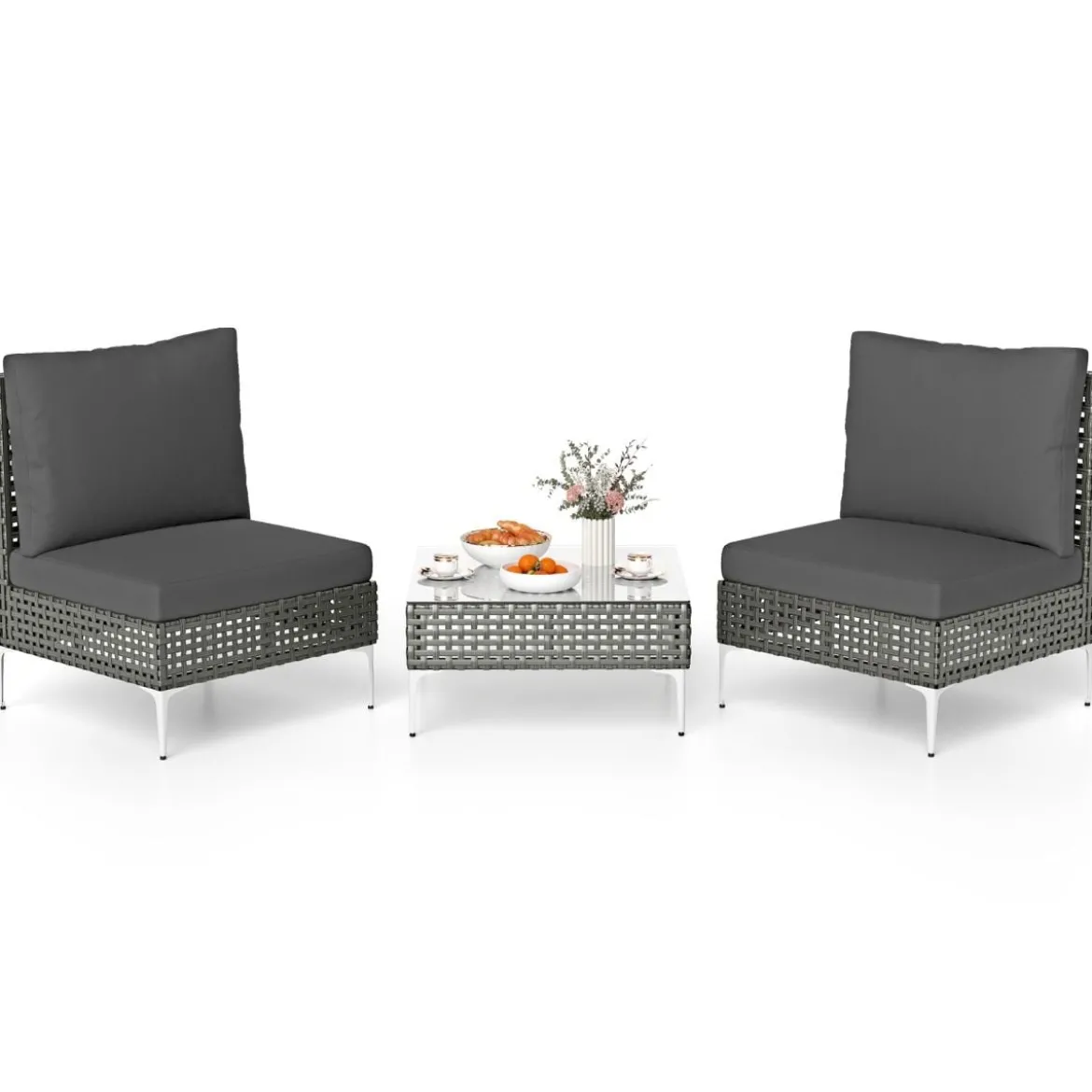 3-TLG Gartenmöbel Set Rattan Balkonmöbel-Set mit 2 Stühle inkl. Sitzkissen & Tisch Sitzgruppe Grau