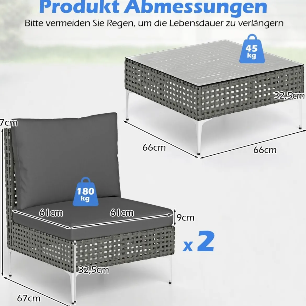 3-TLG Gartenmöbel Set Rattan Balkonmöbel-Set mit 2 Stühle inkl. Sitzkissen & Tisch Sitzgruppe Grau