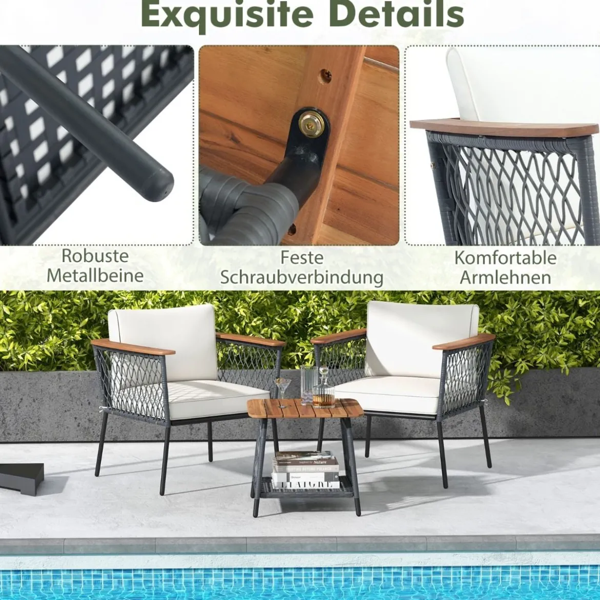 3-tlg. Gartenmöbel-Set Rattanstuhl-Set mit 2-stöckigem Couchtisch Outdoor Gesprächsset