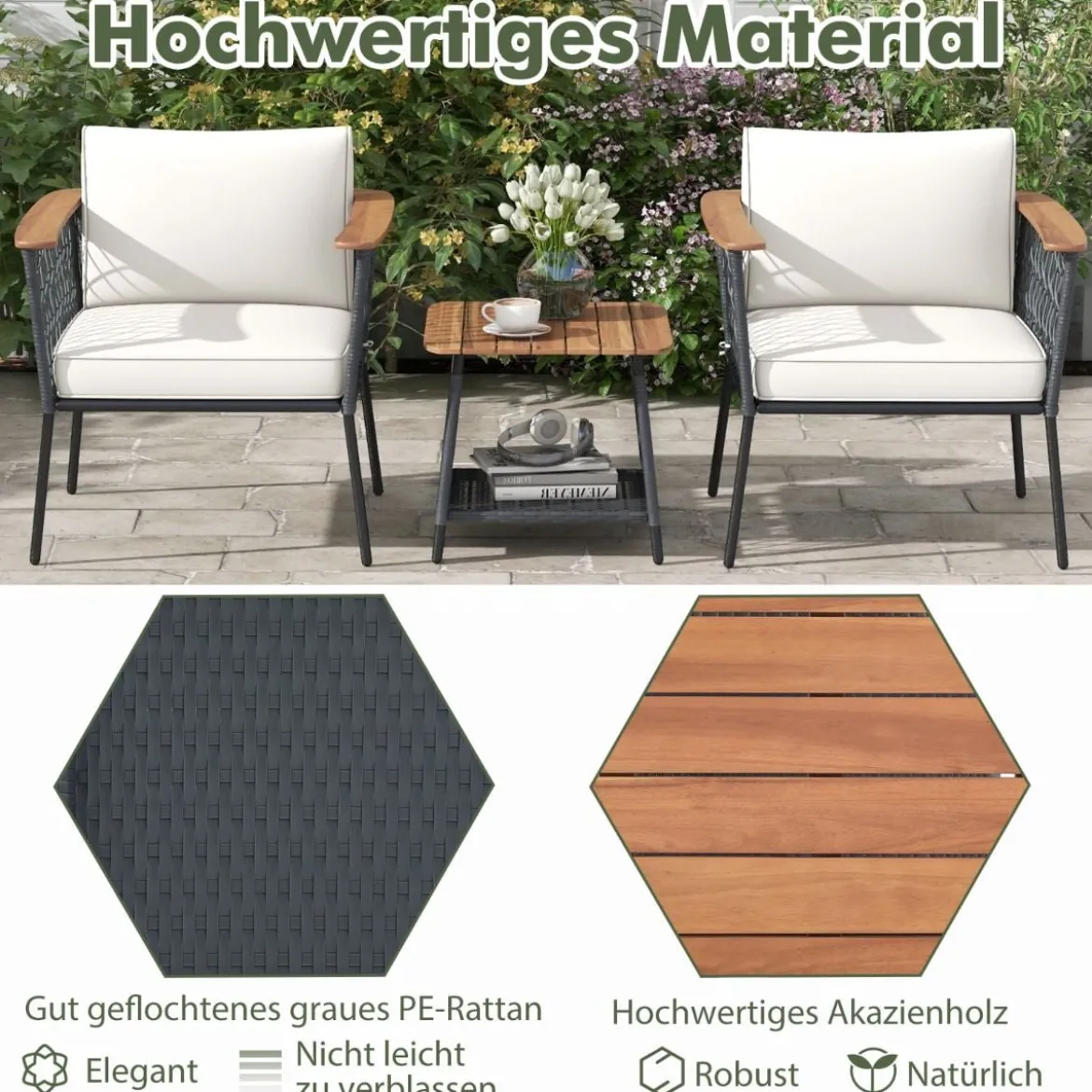 3-tlg. Gartenmöbel-Set Rattanstuhl-Set mit 2-stöckigem Couchtisch Outdoor Gesprächsset