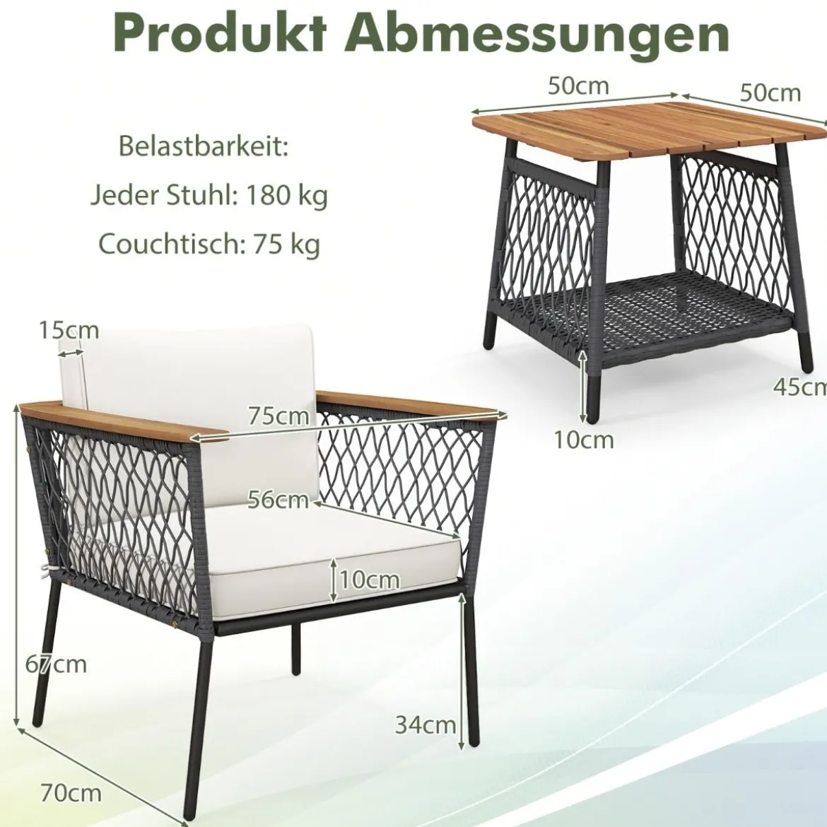 3-tlg. Gartenmöbel-Set Rattanstuhl-Set mit 2-stöckigem Couchtisch Outdoor Gesprächsset
