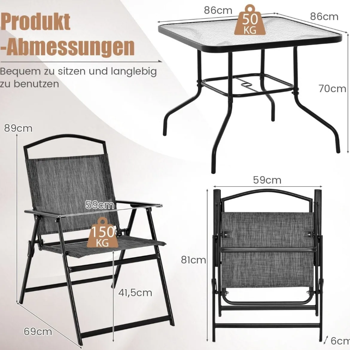 5-TLG. Gartenmöbel Set Terrassenmöbel inkl. 4 Klappstühle 1 Tisch mit Schirmloch Grau + Schwarz