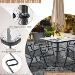 5-TLG. Gartenmöbel Set Terrassenmöbel inkl. 4 Klappstühle 1 Tisch mit Schirmloch Grau + Schwarz