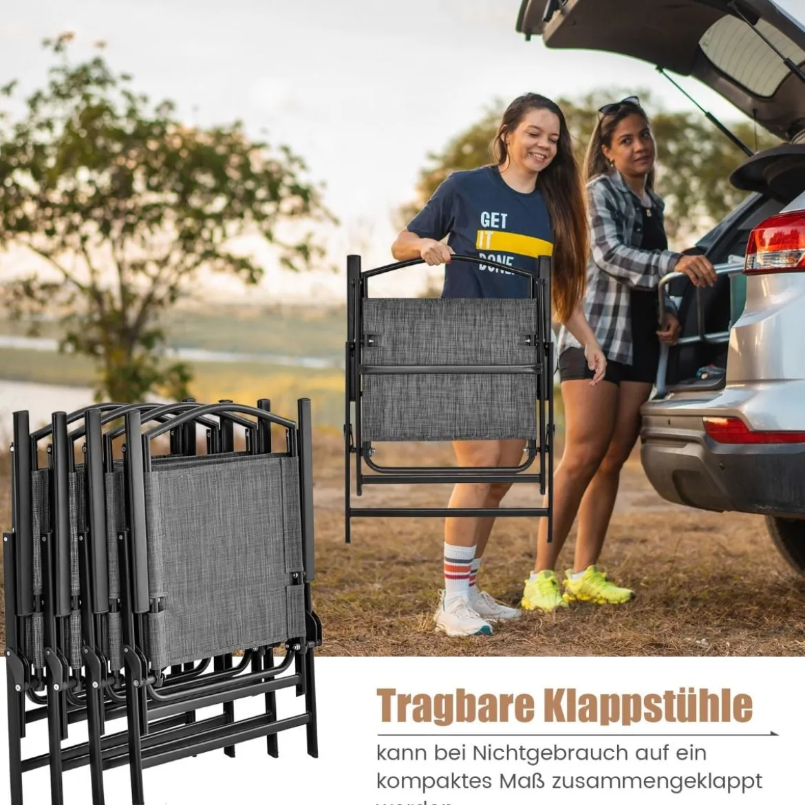 5-TLG. Gartenmöbel Set Terrassenmöbel inkl. 4 Klappstühle 1 Tisch mit Schirmloch Grau + Schwarz