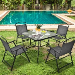 5-TLG. Gartenmöbel Set Terrassenmöbel inkl. 4 Klappstühle 1 Tisch mit Schirmloch Grau + Schwarz