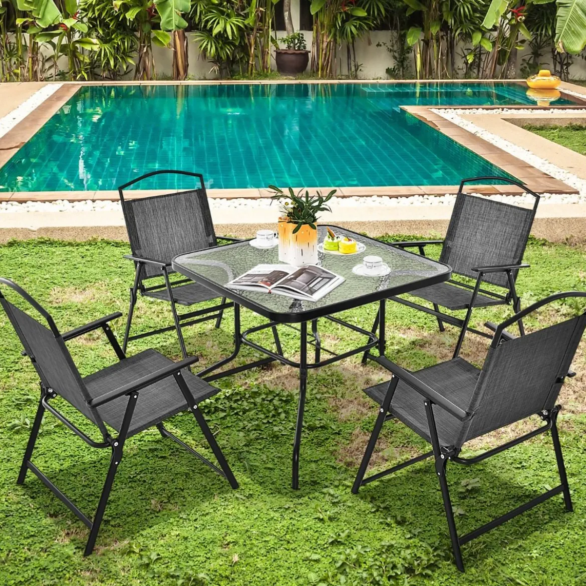 5-TLG. Gartenmöbel Set Terrassenmöbel inkl. 4 Klappstühle 1 Tisch mit Schirmloch Grau + Schwarz