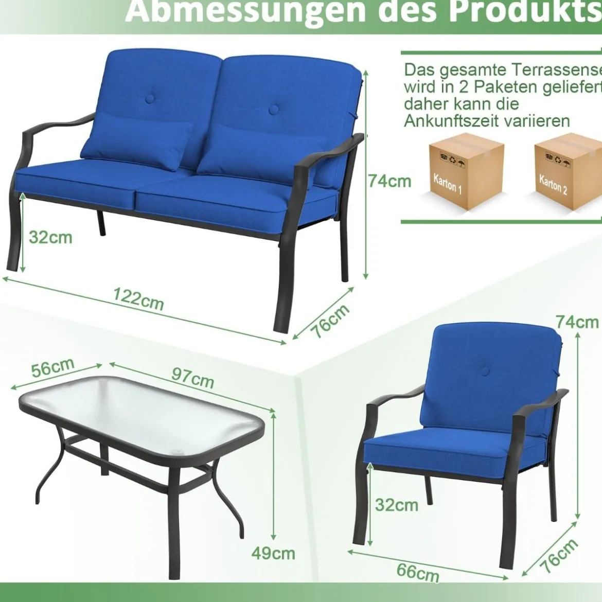 4-TLG. Gartenmöbel Set Terrassenmöbel mit Sitz- Rücken- & Taillenkissen Gartengarnitur