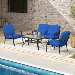 4-TLG. Gartenmöbel Set Terrassenmöbel mit Sitz- Rücken- & Taillenkissen Gartengarnitur