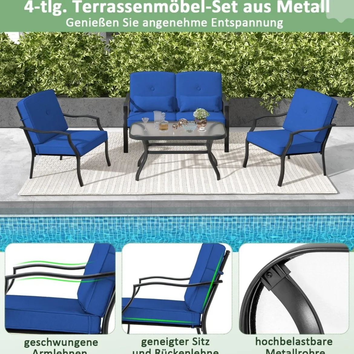 4-TLG. Gartenmöbel Set Terrassenmöbel mit Sitz- Rücken- & Taillenkissen Gartengarnitur