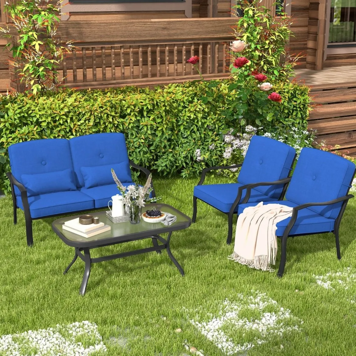 4-TLG. Gartenmöbel Set Terrassenmöbel mit Sitz- Rücken- & Taillenkissen Gartengarnitur
