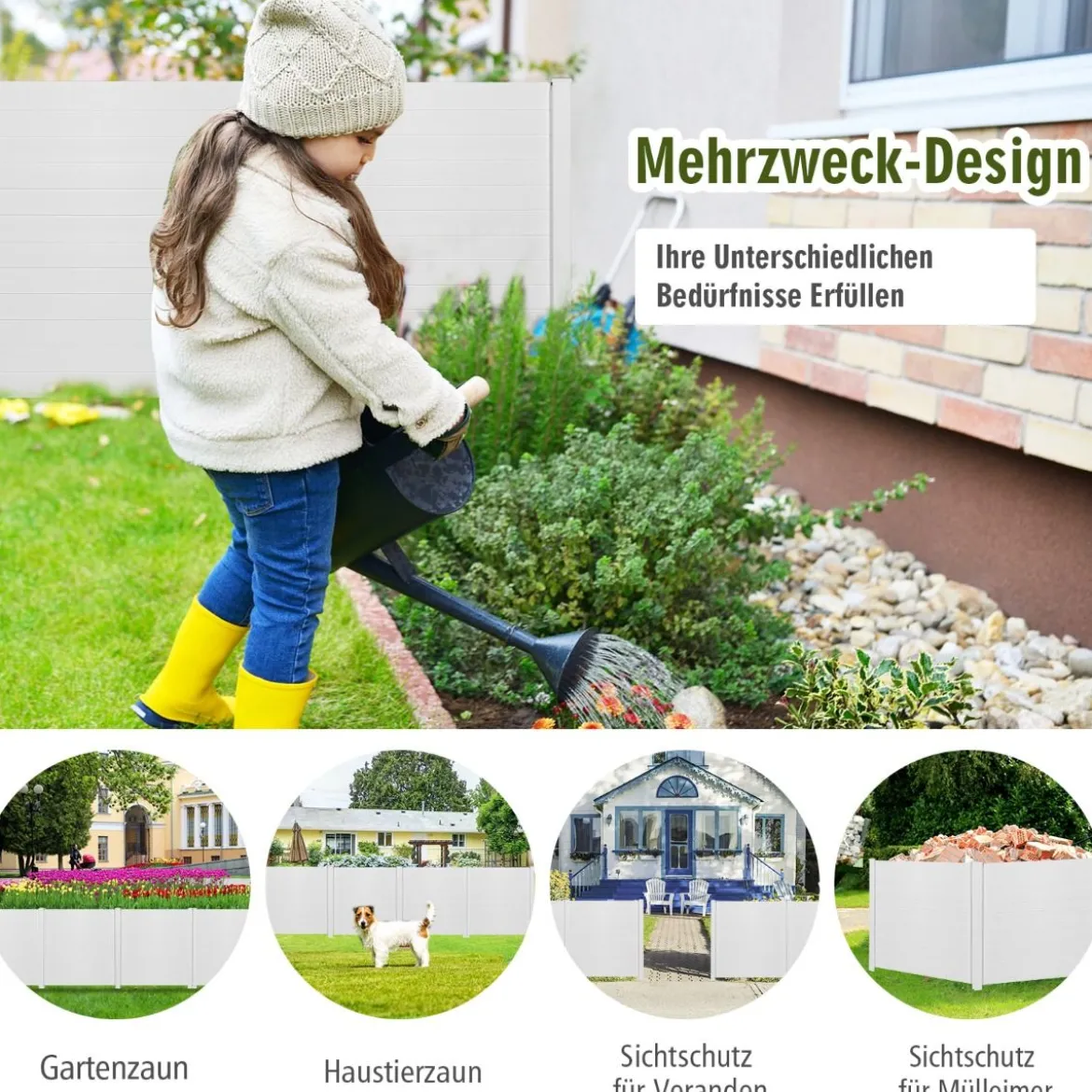 2 TLG. Gartenzaun mit Pfosten & Schutzkappen 124 cm Hoch PVC Sichtschutzzaun Steckzaun Weiß