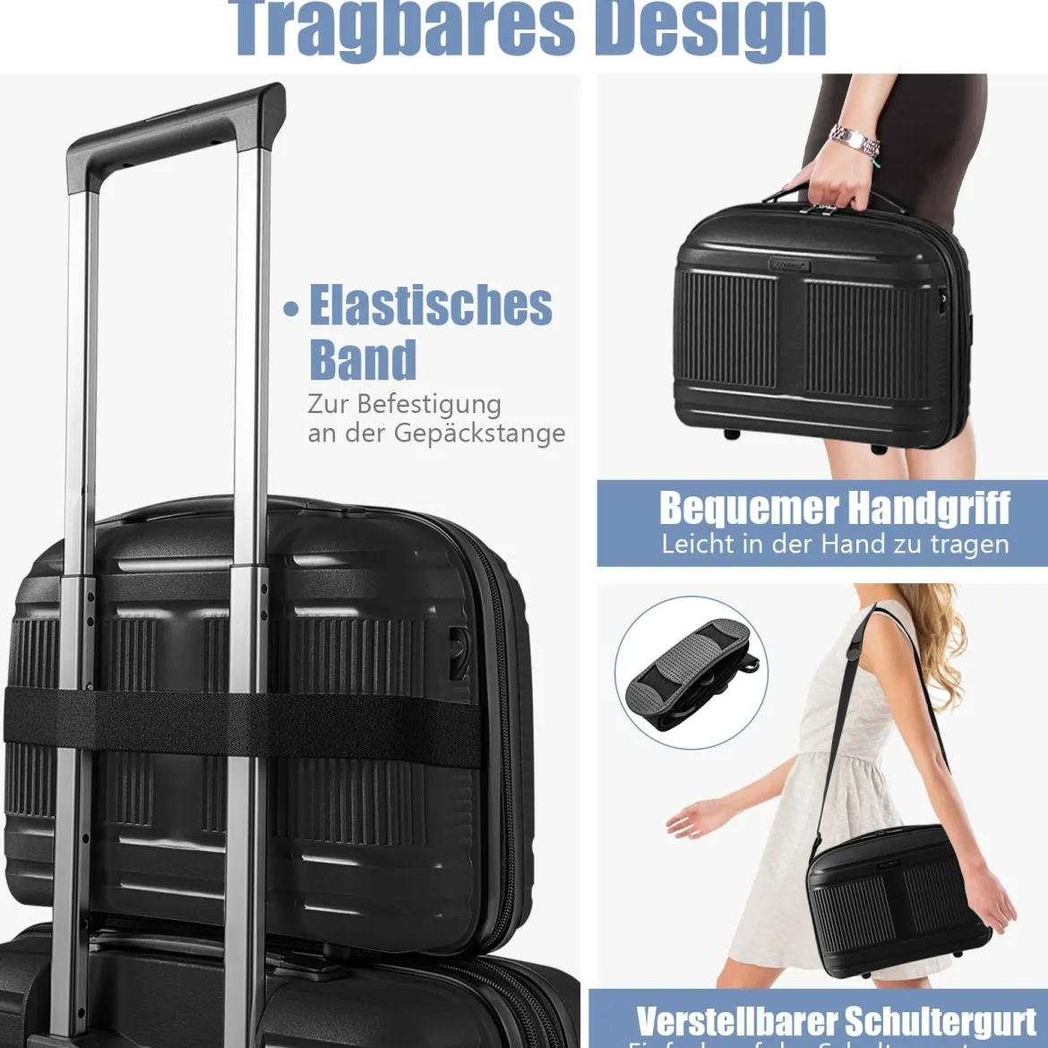 2 tlg. Gepäckset inkl 20" Handgepäckkoffer & 14" Kosmetikkoffer PP Hartschalengepäck Schwarz