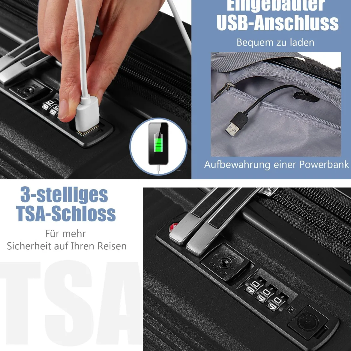 2 tlg. Gepäckset inkl 20" Handgepäckkoffer & 14" Kosmetikkoffer PP Hartschalengepäck Schwarz