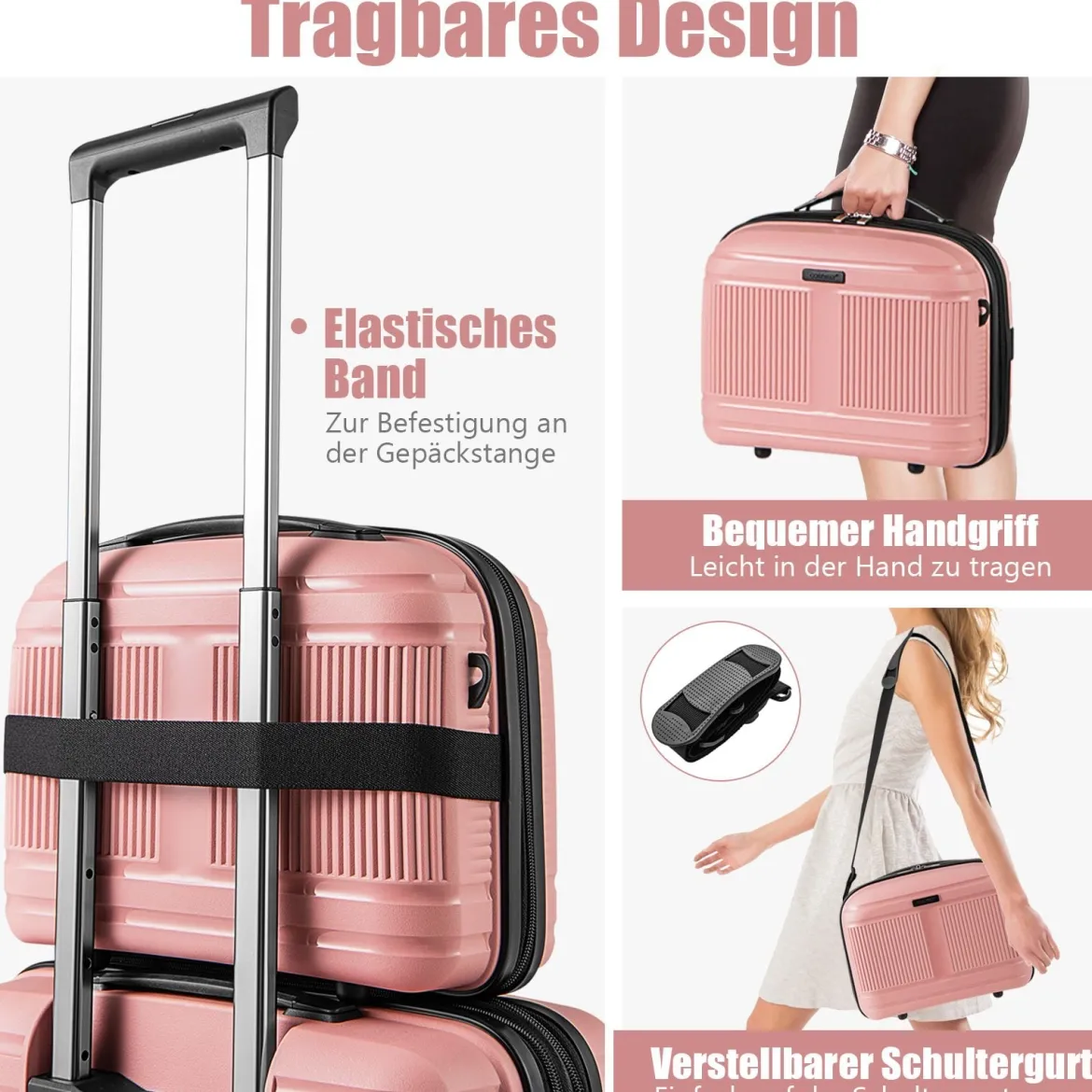 2 tlg. Gepäckset inkl 20" Handgepäckkoffer & 14" Kosmetikkoffer PP Hartschalengepäck Rosa