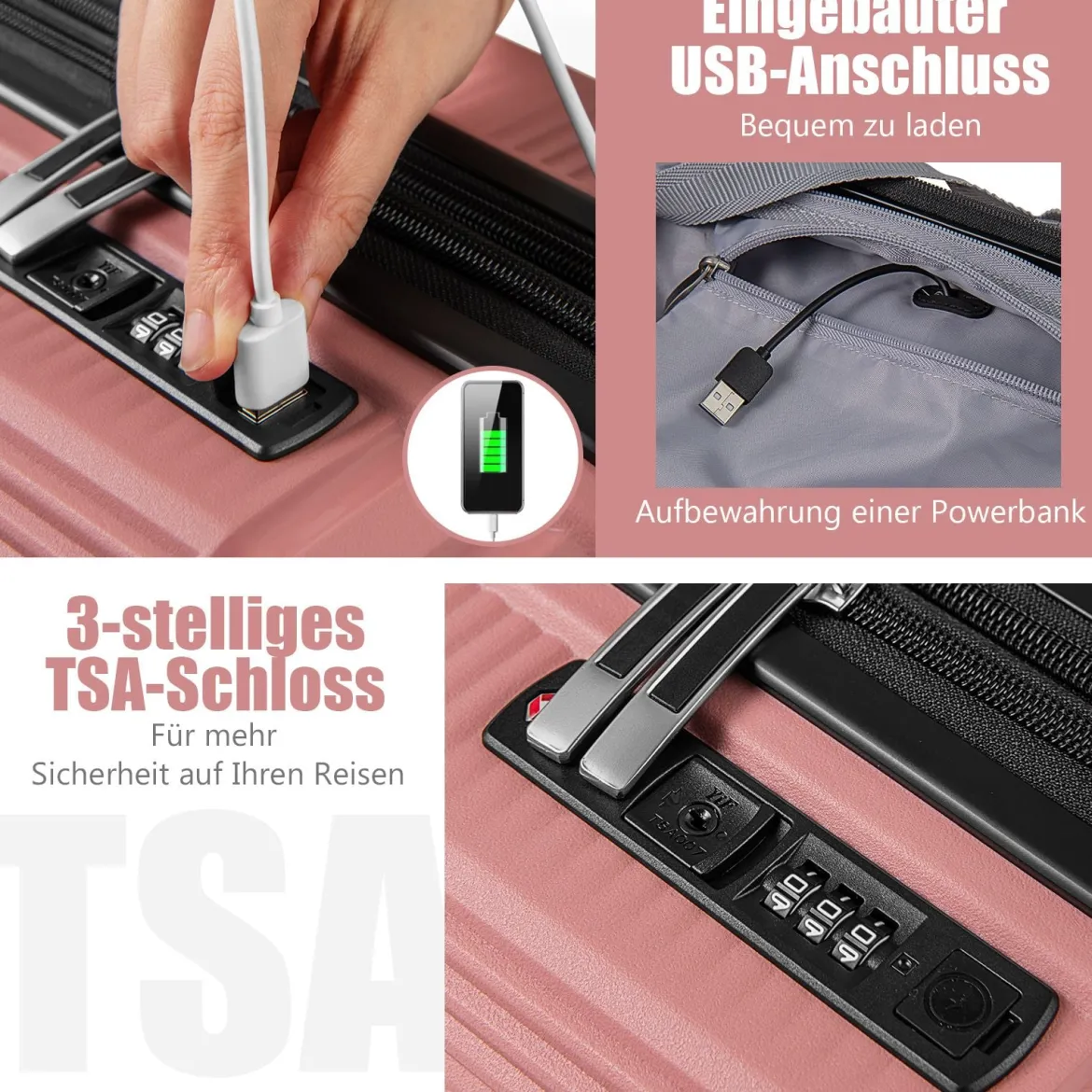 2 tlg. Gepäckset inkl 20" Handgepäckkoffer & 14" Kosmetikkoffer PP Hartschalengepäck Rosa