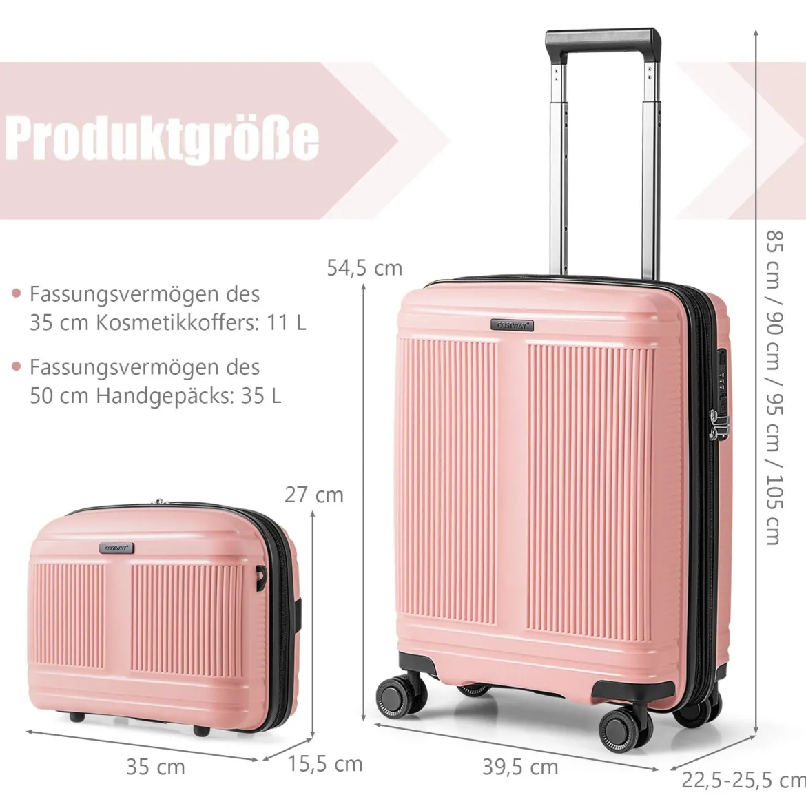 2 tlg. Gepäckset inkl 20" Handgepäckkoffer & 14" Kosmetikkoffer PP Hartschalengepäck Rosa