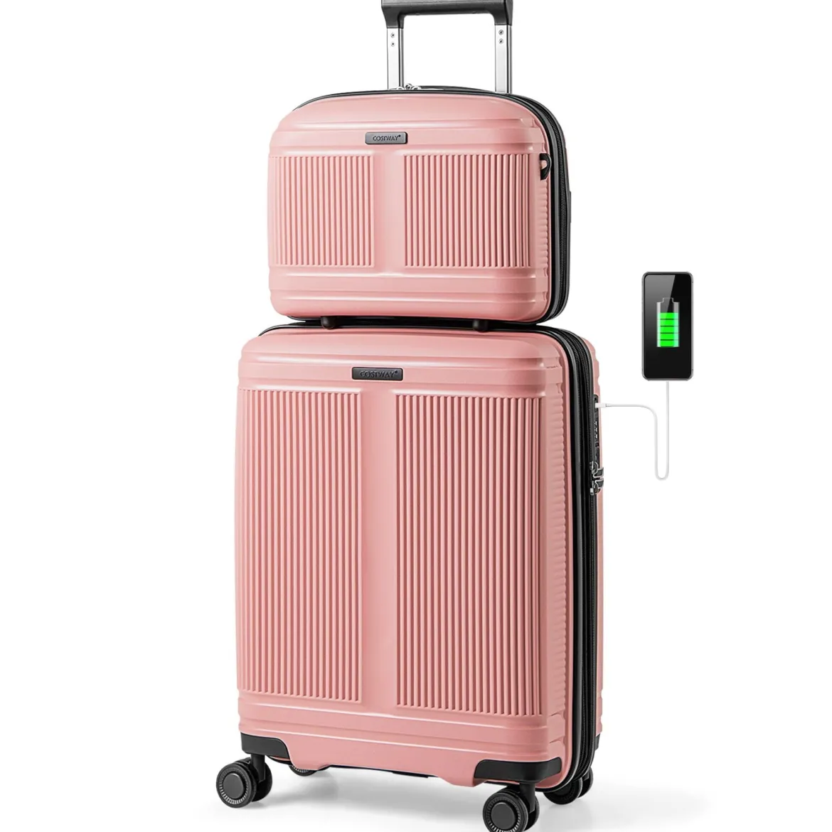 2 tlg. Gepäckset inkl 20" Handgepäckkoffer & 14" Kosmetikkoffer PP Hartschalengepäck Rosa