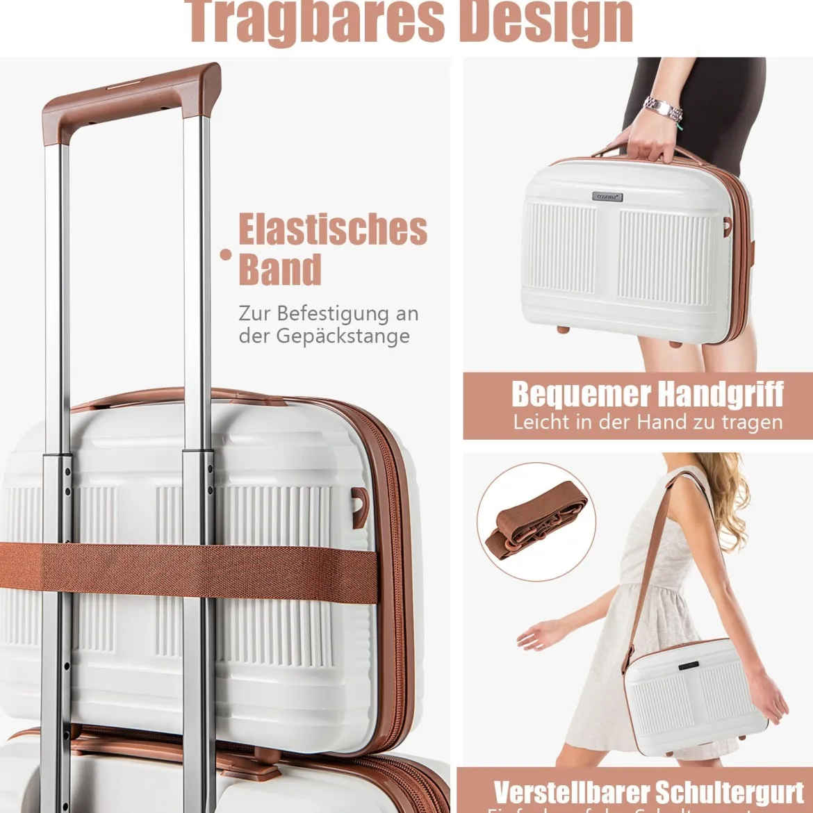 2 tlg. Gepäckset inkl 20" Handgepäckkoffer & 14" Kosmetikkoffer PP Hartschalengepäck Weiß