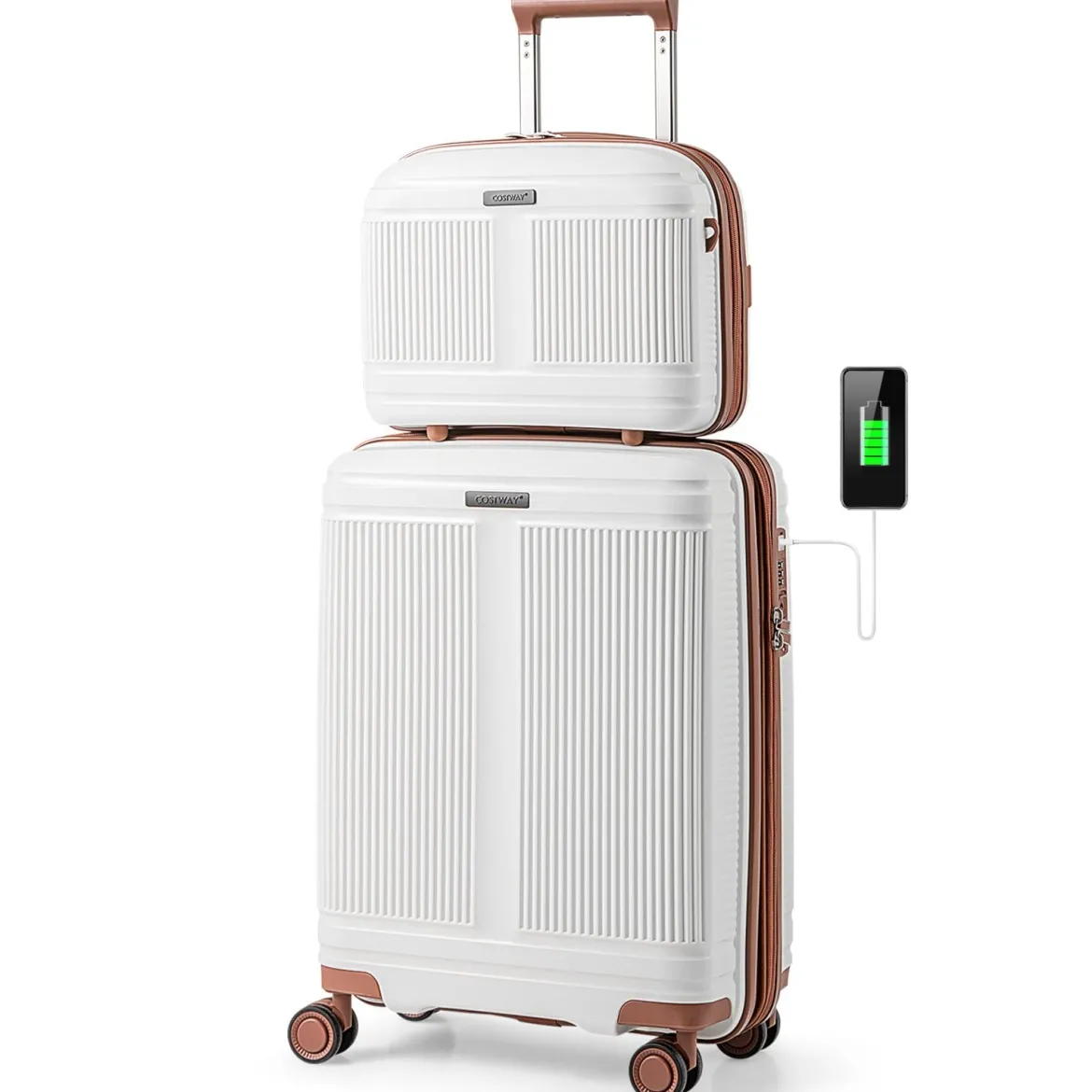 2 tlg. Gepäckset inkl 20" Handgepäckkoffer & 14" Kosmetikkoffer PP Hartschalengepäck Weiß