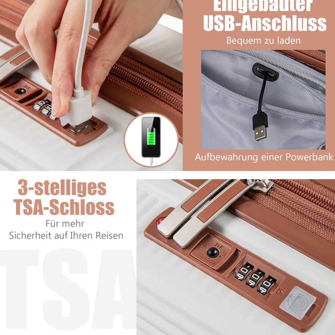 2 tlg. Gepäckset inkl 20" Handgepäckkoffer & 14" Kosmetikkoffer PP Hartschalengepäck Weiß