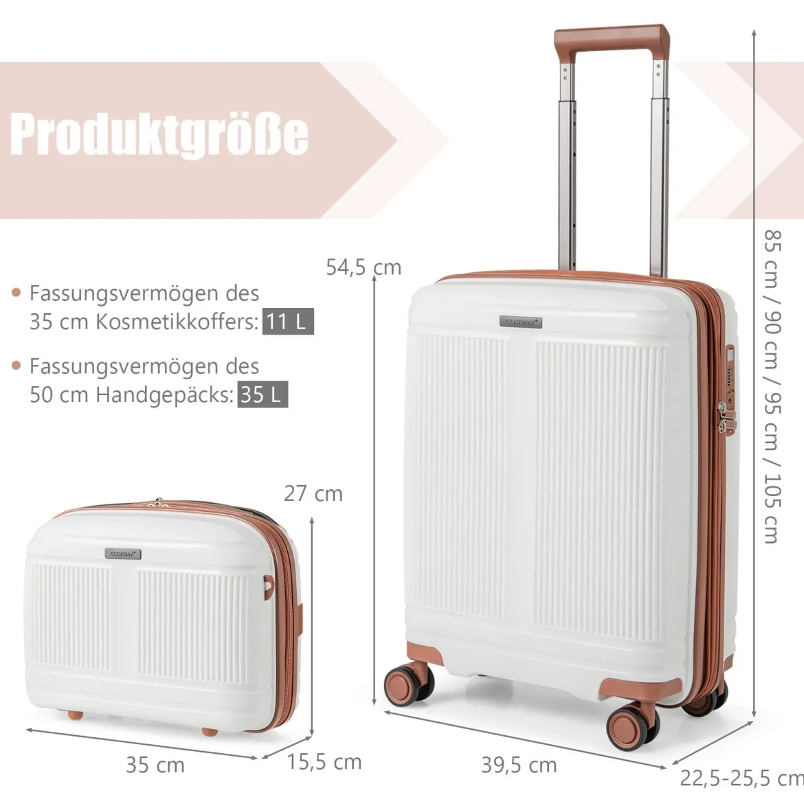 2 tlg. Gepäckset inkl 20" Handgepäckkoffer & 14" Kosmetikkoffer PP Hartschalengepäck Weiß