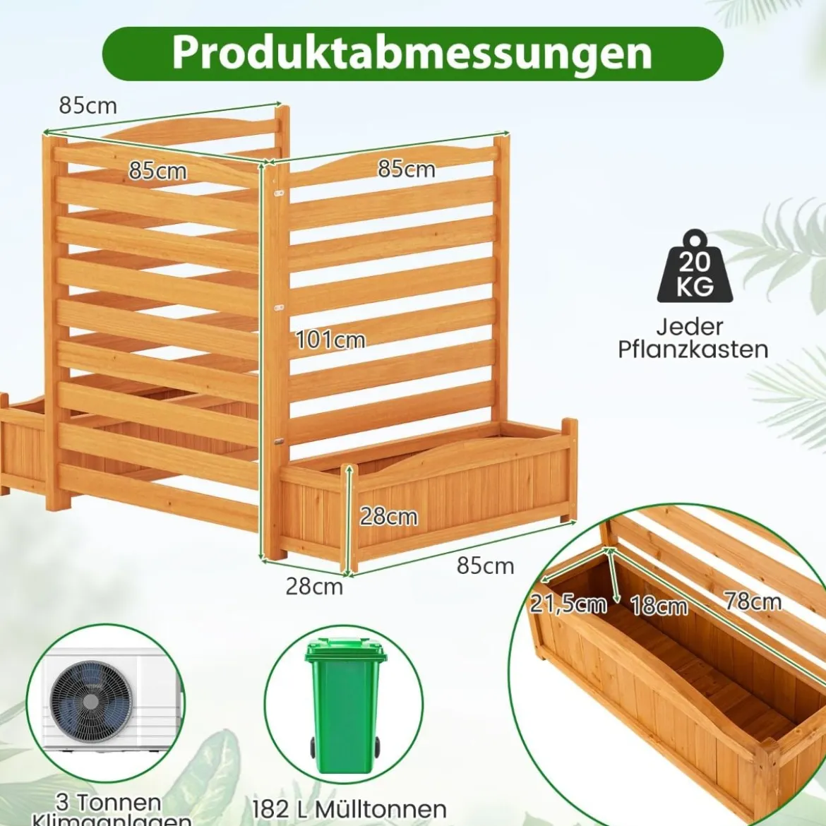 3 tlg. Holzpaneel mit Pflanzkasten & Ablauflöchern & Rankgitter Dekorativer Gartenzaun 91 x 114 cm