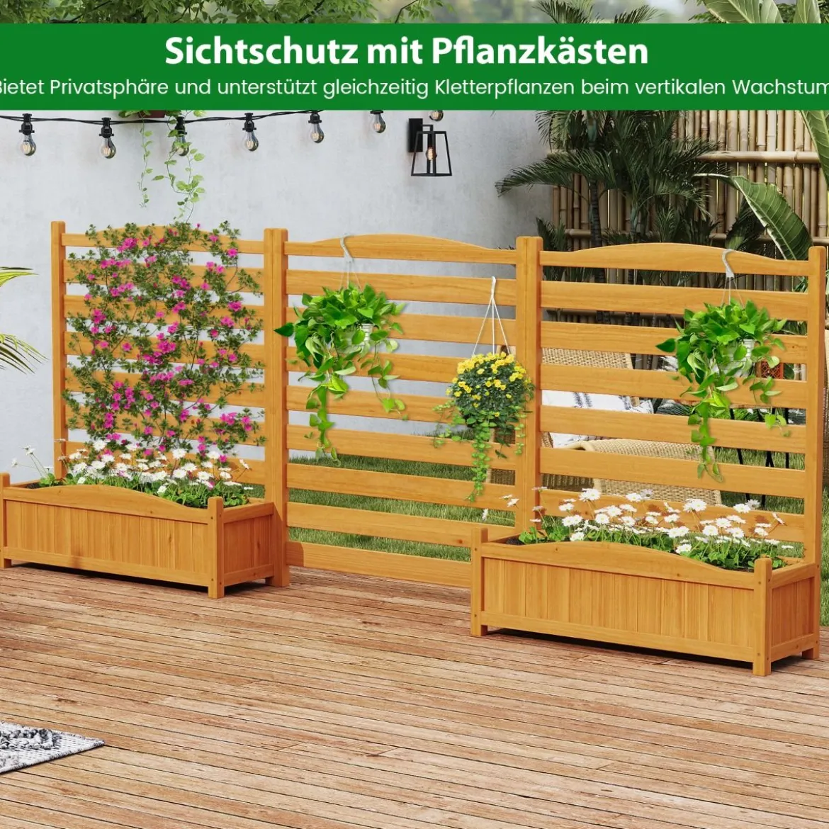 3 tlg. Holzpaneel mit Pflanzkasten & Ablauflöchern & Rankgitter Dekorativer Gartenzaun 91 x 114 cm