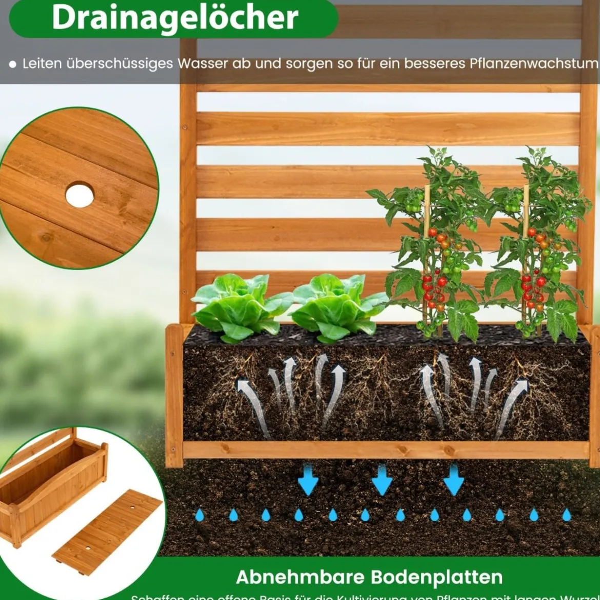 3 tlg. Holzpaneel mit Pflanzkasten & Ablauflöchern & Rankgitter Dekorativer Gartenzaun 91 x 114 cm