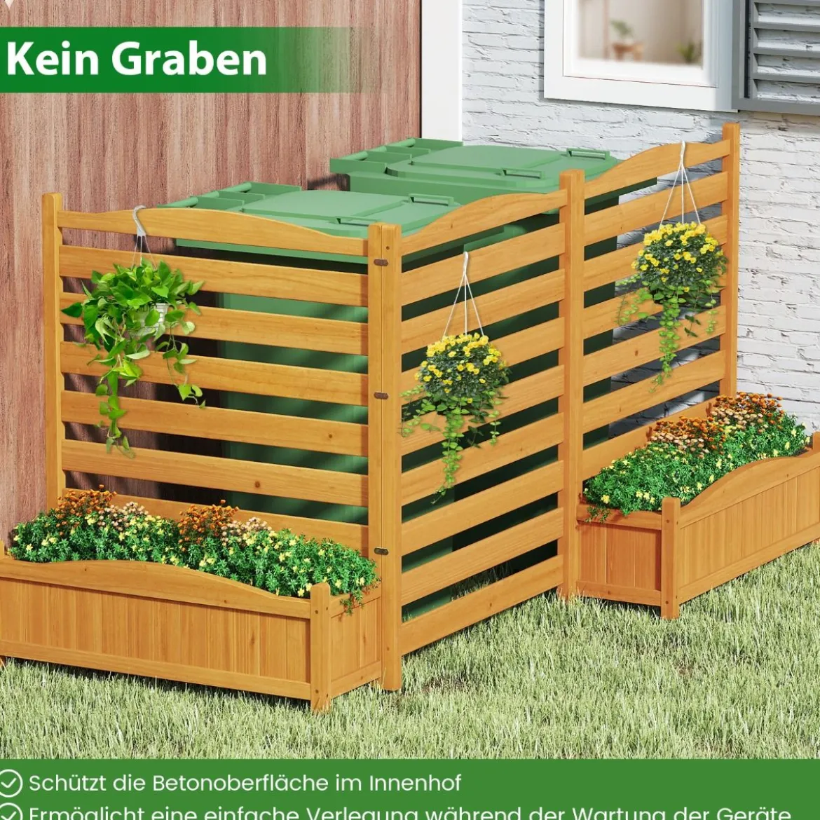 3 tlg. Holzpaneel mit Pflanzkasten & Ablauflöchern & Rankgitter Dekorativer Gartenzaun 91 x 114 cm