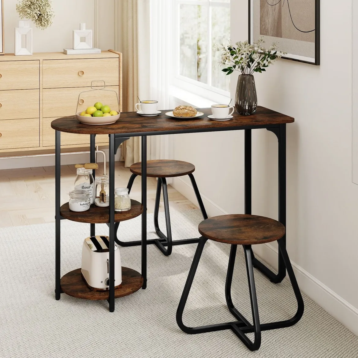 3 tlg. Industrial Esstisch-Set mit Holz-Metall Küchentisch & 2 Hocker Platzsparendes Bistro-Set Rustikal Braun