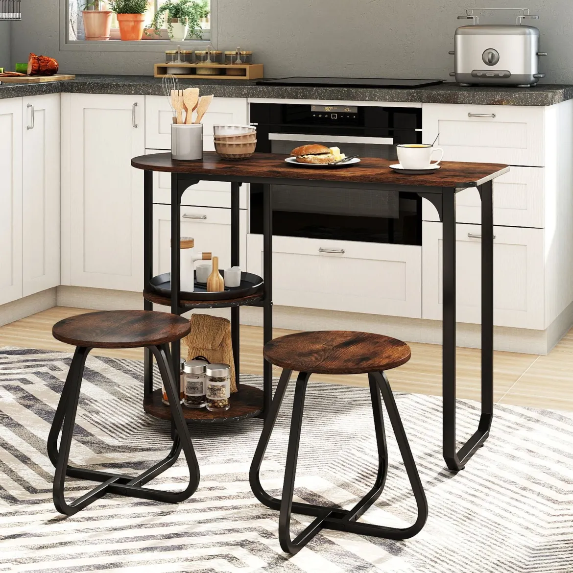 3 tlg. Industrial Esstisch-Set mit Holz-Metall Küchentisch & 2 Hocker Platzsparendes Bistro-Set Rustikal Braun