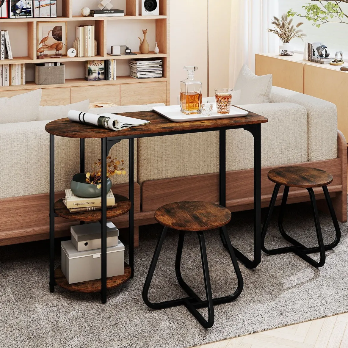 3 tlg. Industrial Esstisch-Set mit Holz-Metall Küchentisch & 2 Hocker Platzsparendes Bistro-Set Rustikal Braun