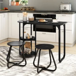 3 tlg. Industrial Esstisch-Set mit Holz-Metall Küchentisch & 2 Hocker Platzsparendes Bistro-Set Schwarz