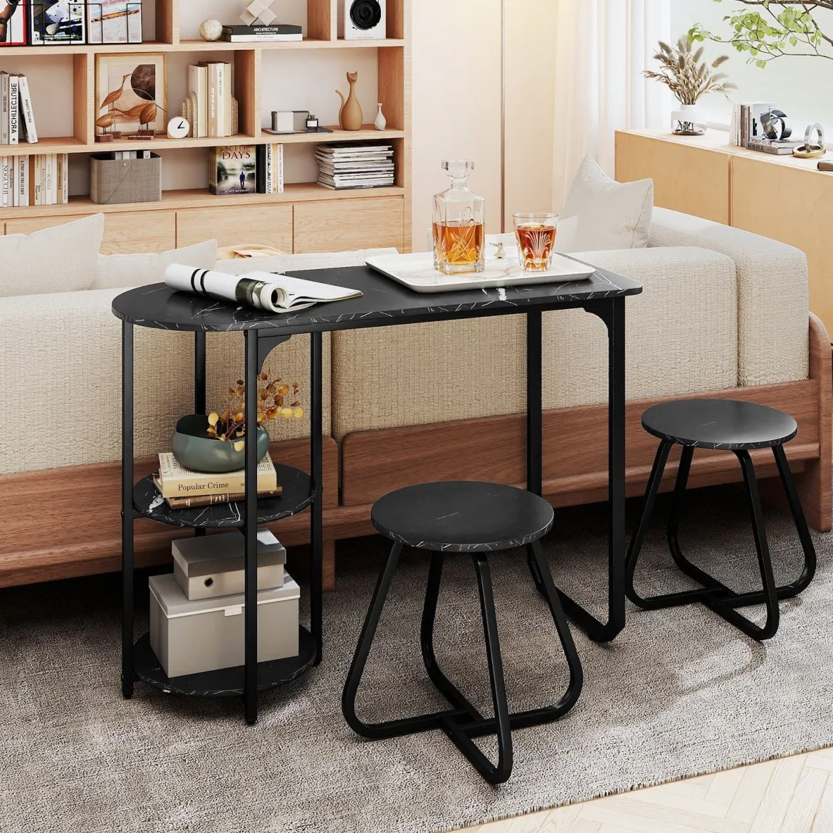 3 tlg. Industrial Esstisch-Set mit Holz-Metall Küchentisch & 2 Hocker Platzsparendes Bistro-Set Schwarz