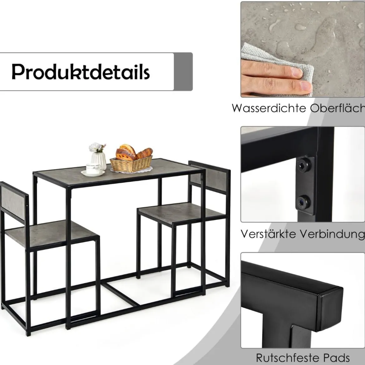 3 tlg. Küchentischset mit Kompakttisch & 2 Stühlen Holzwerkstoffe + Metall Grau